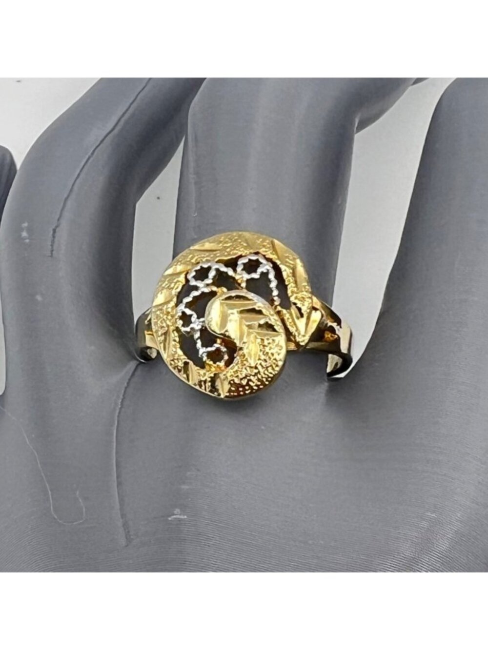 SKY Two Tone Statement Ring Size 10 Gold Silver Scrollwork Modernist Abstract